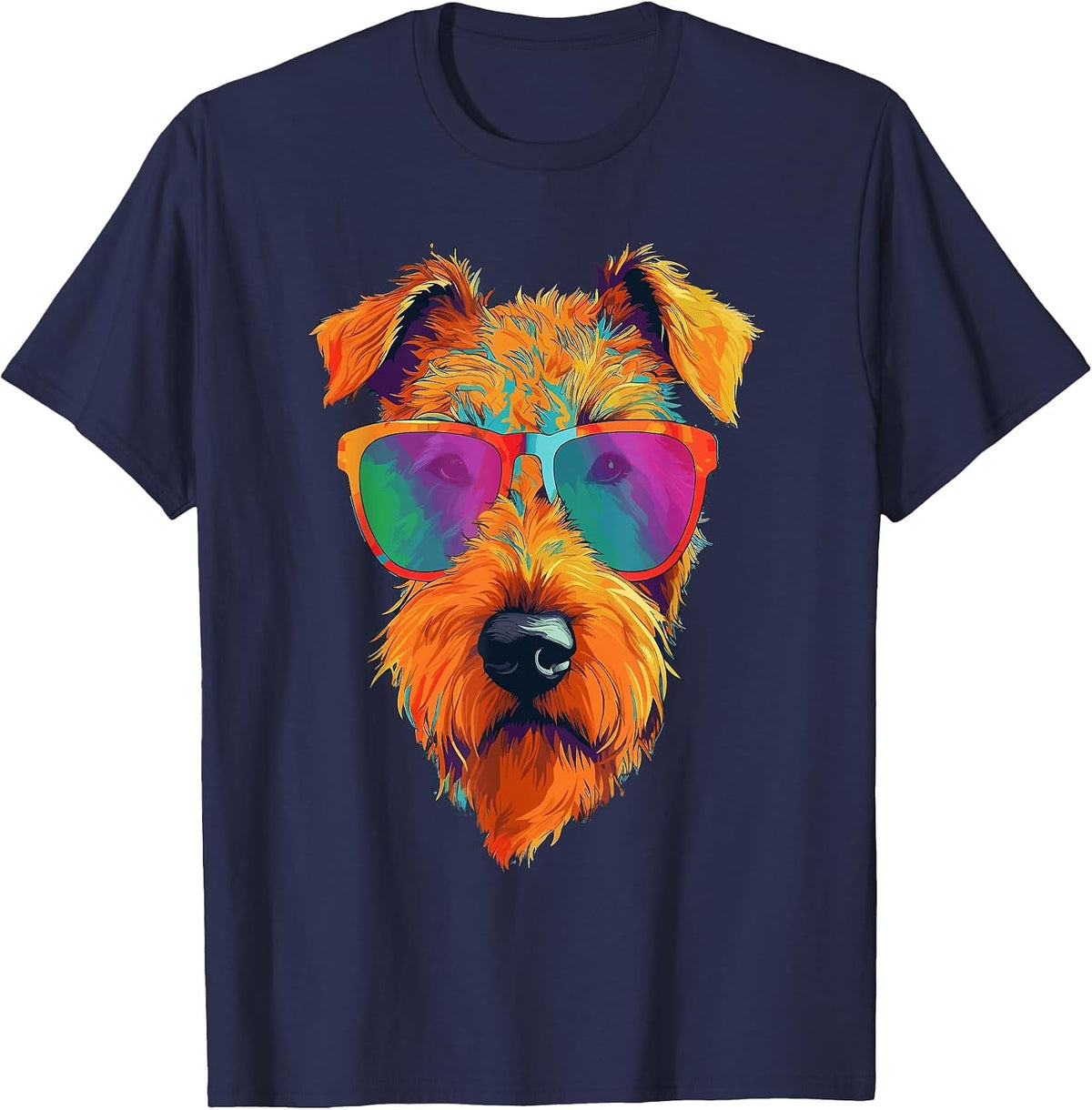 Colorful Pop Art Airedale Terrier Wearing Sunglasses Face T-Shirt - Navy Blue