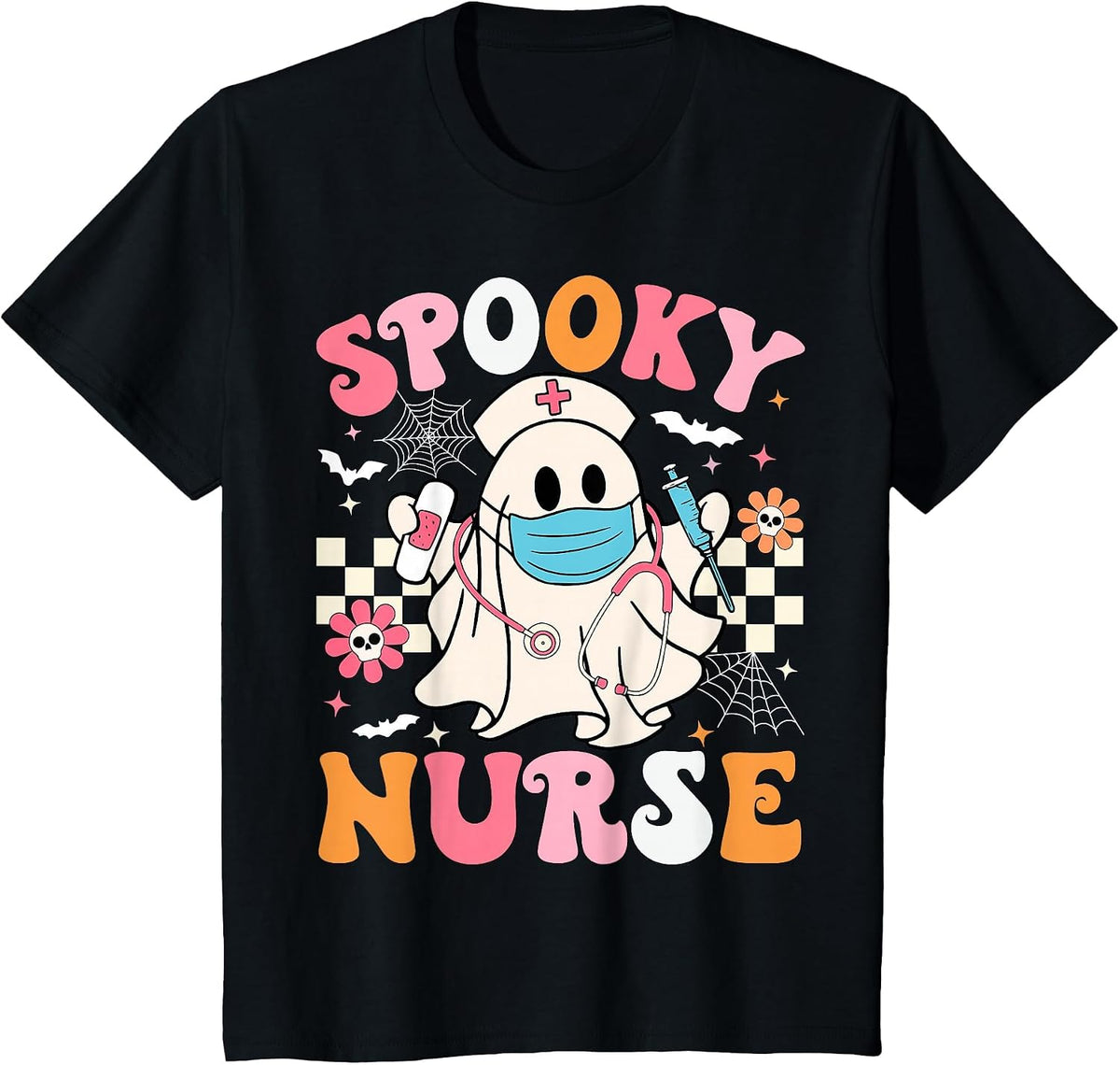 Spooky Nurse Ghost Halloween Cute Groovy Nursing Halloween T-Shirt - Black