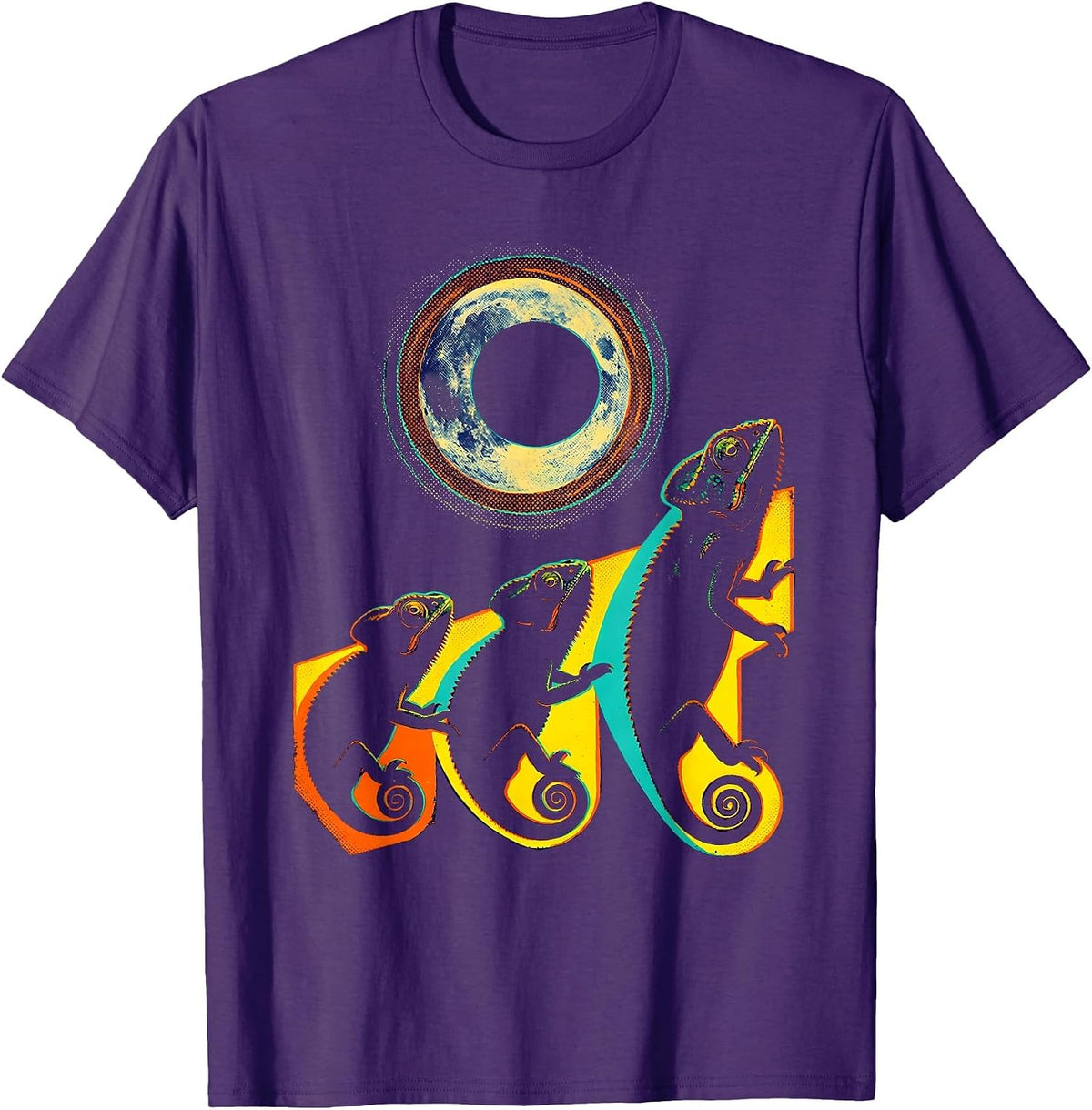 Three Chameleons Gaze at Moon Risograph Meme Parody T-Shirt - Purple