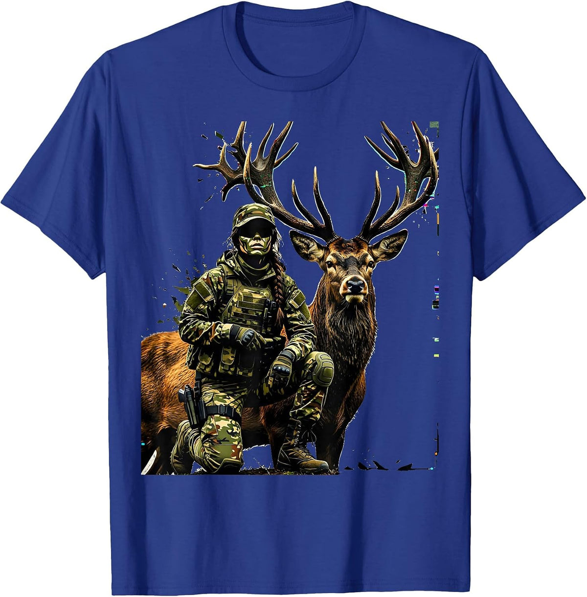Camo Girl Hunter Kneeling With Trophy Buck T-Shirt - Royal Blue