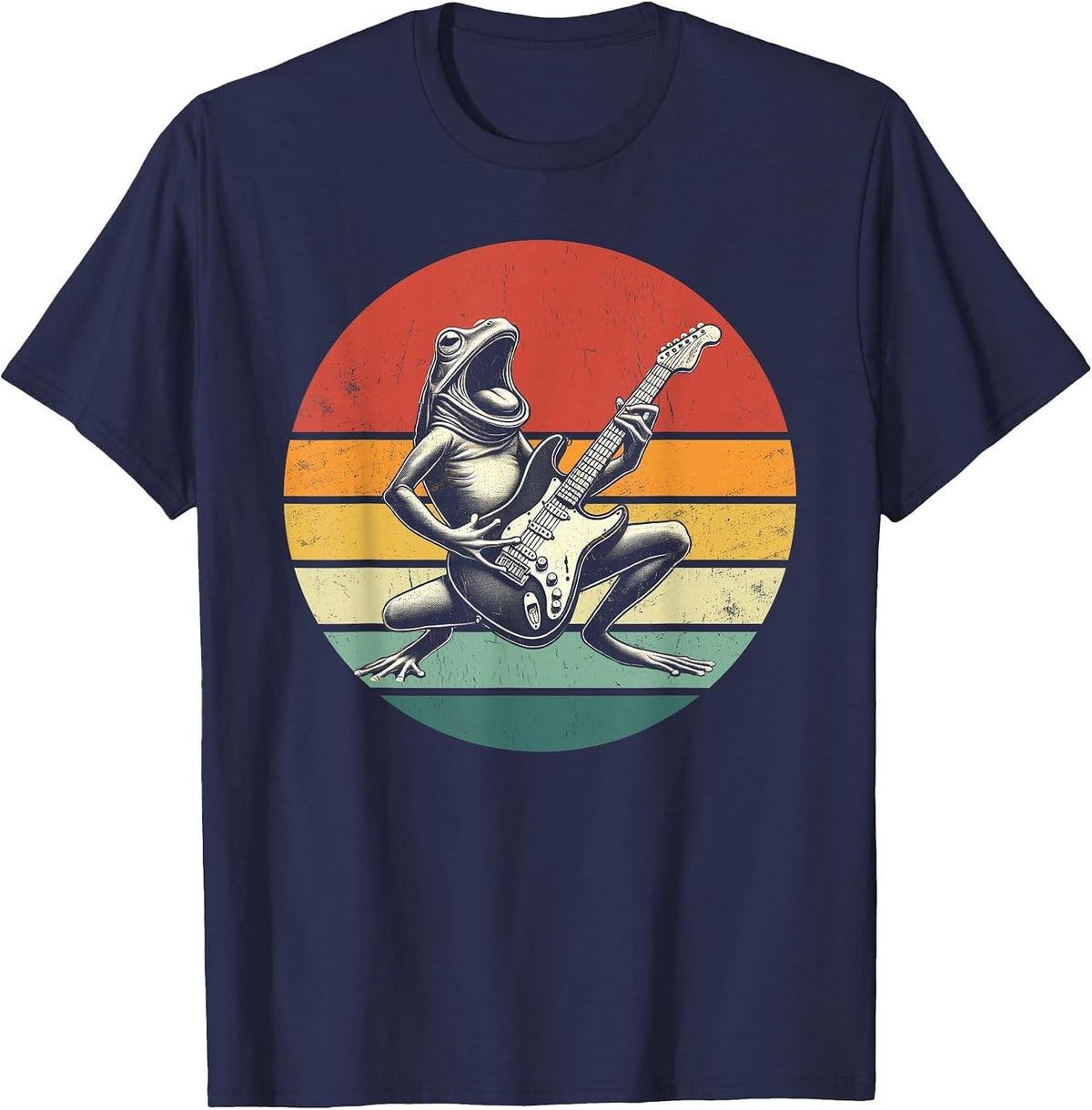 Vintage Frog Band Rock Funny Frog Playing Electric Guitar T-Shirt - Navy Blue