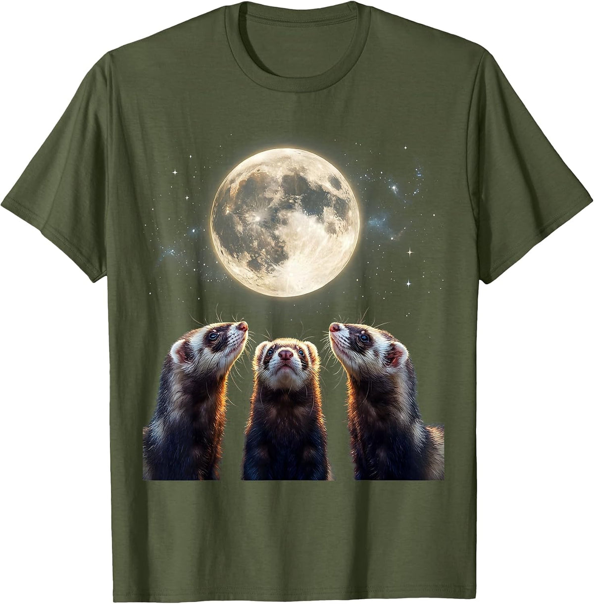 Men's Three Ferrets Howling at Moon Cosmic Meme Humor T-Shirt - Olive Green