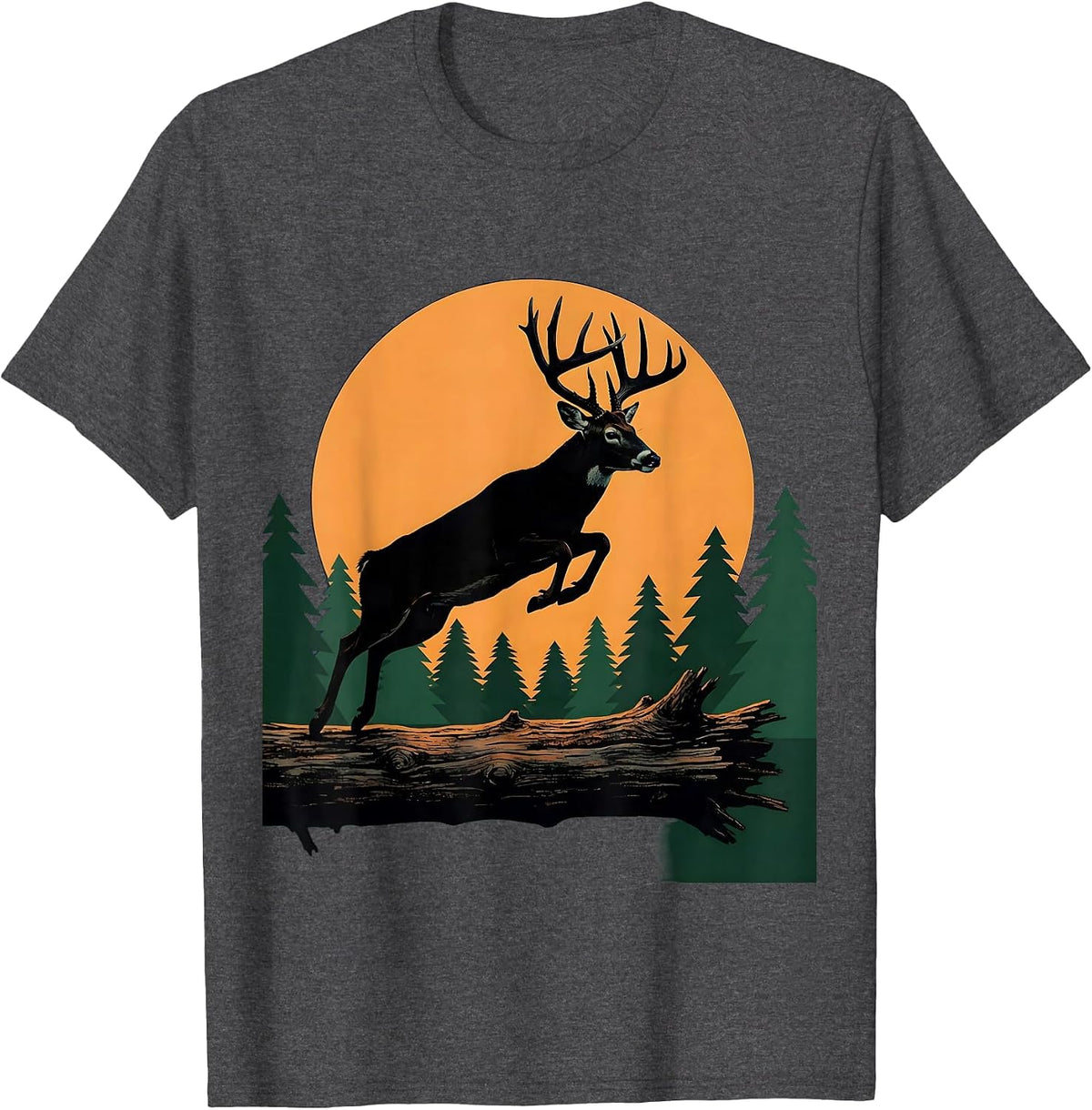 Men's Whitetail Deer Leaping Over Fallen Log T-Shirt - Dark Heather Grey