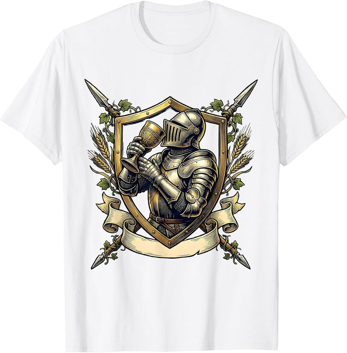 Men's Medieval Knight Beer Goblet Illustration T-Shirt - White