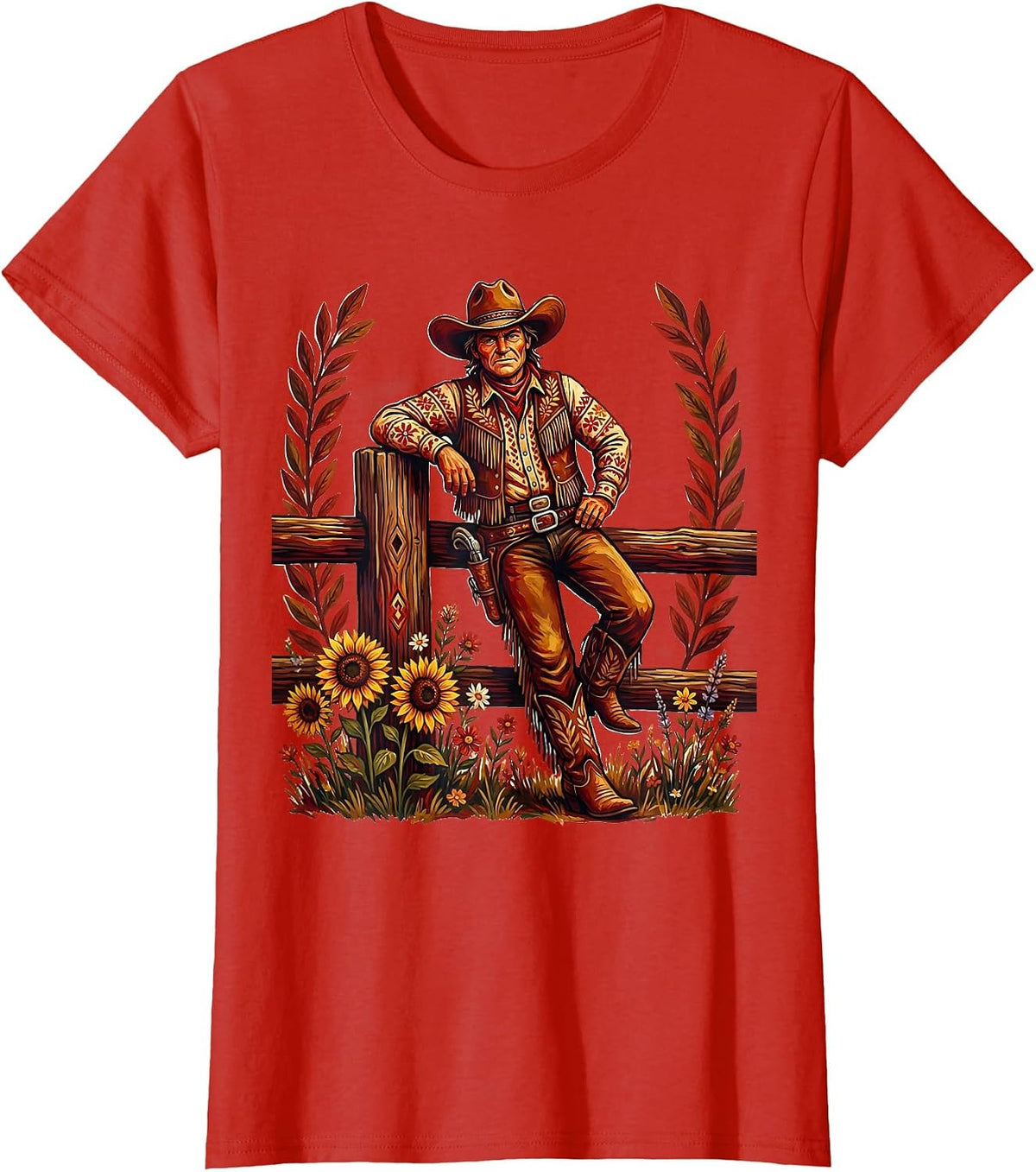 Women's Cowgirl Leaning on Fence Post Illustration T-Shirt - Red
