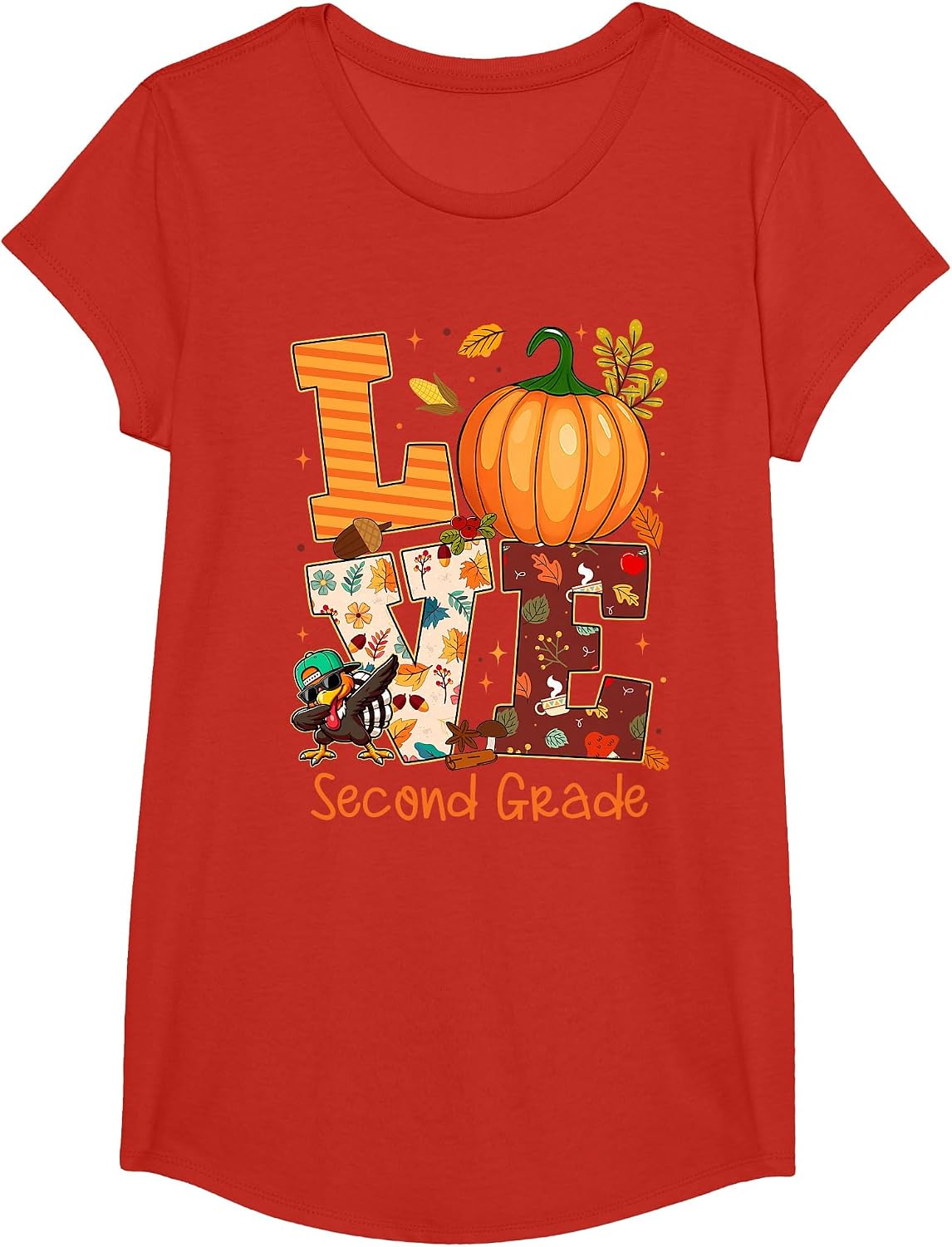 Love Second Grade Teacher Turkey Thanksgiving Autumn Fall T-Shirt - Girls Red