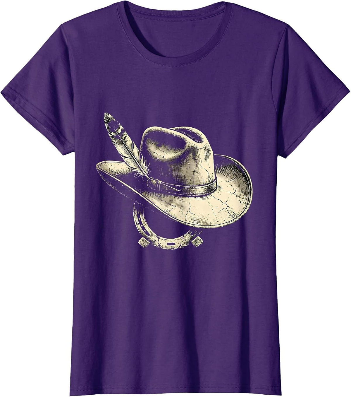 Women's Cowgirl Hat Feather and Horseshoe Graphic T-Shirt - Purple