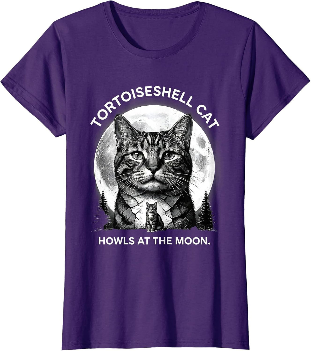 Women's Tortoiseshell Cat Howls at the Moon 90s Retro Novelty T-Shirt - Purple
