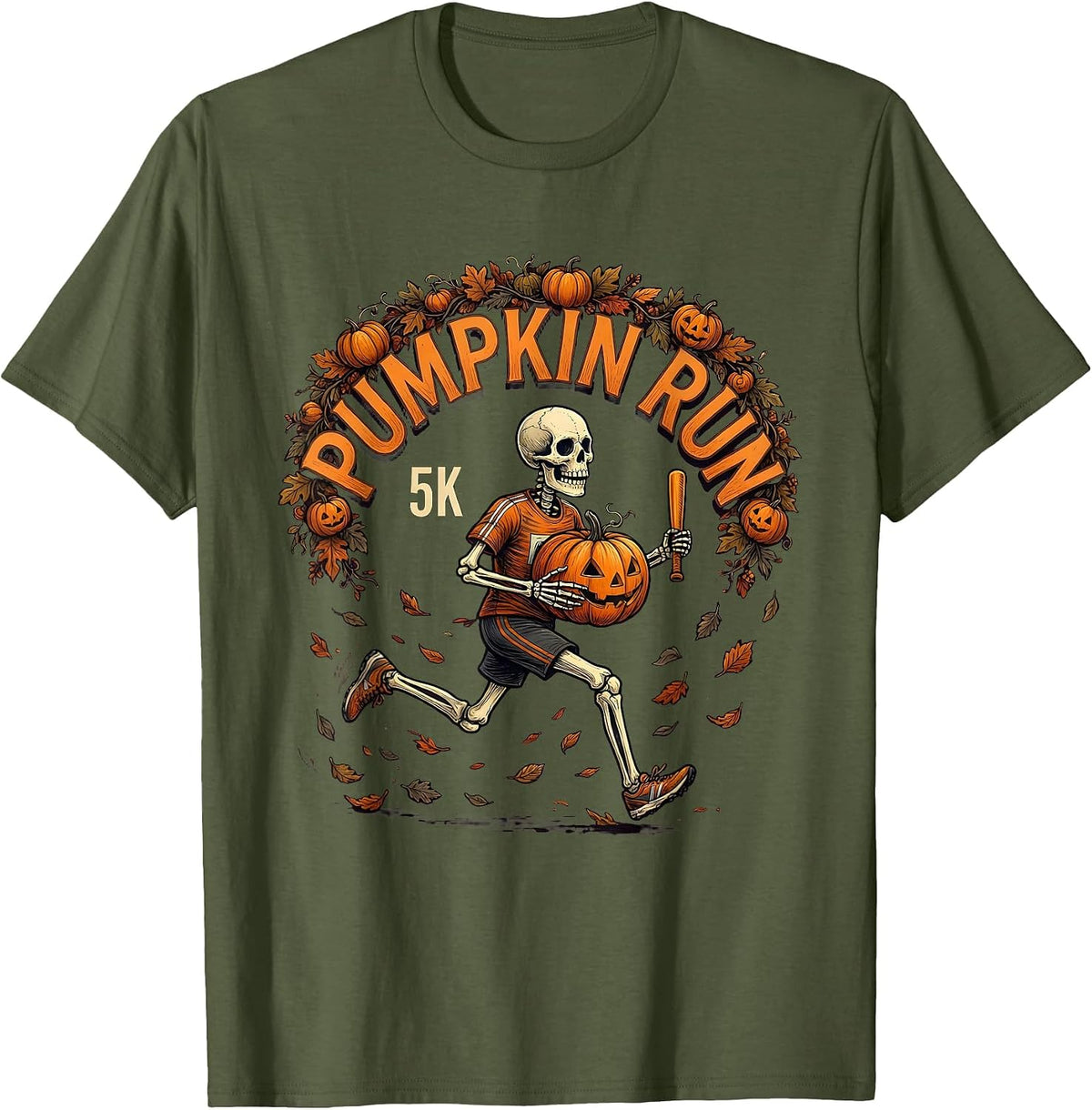Men's Pumpkin Run 5K Funny Halloween Skeleton Runner Costume T-Shirt - Olive Green
