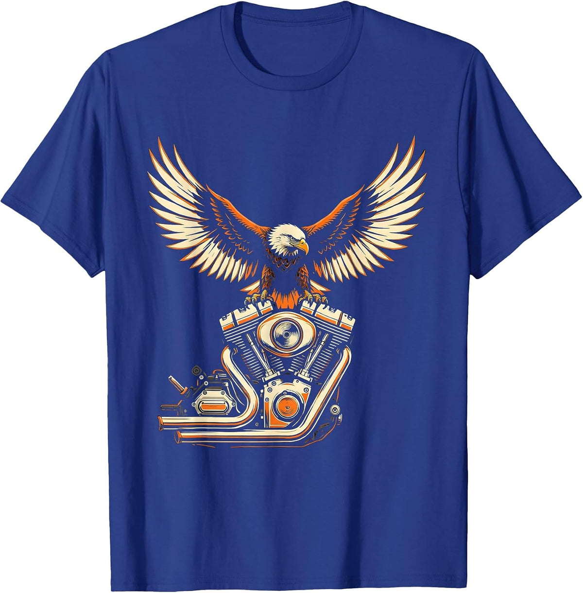 Eagle Wings Chrome Engine Motorcycle Graphic T-Shirt - Royal Blue