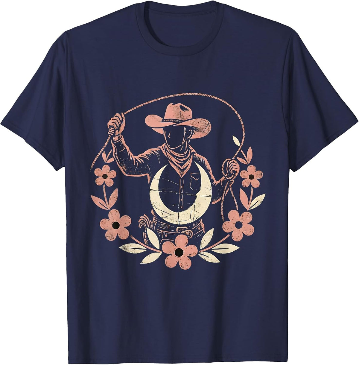 Cowgirl Silhouette Roping the Moon Design T-Shirt - Navy Blue
