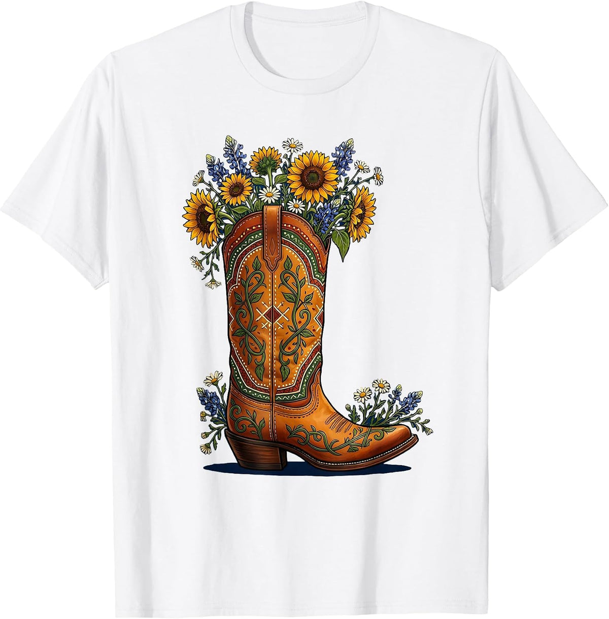 Men's Wildflower Cowboy Boot Western Illustration T-Shirt - White