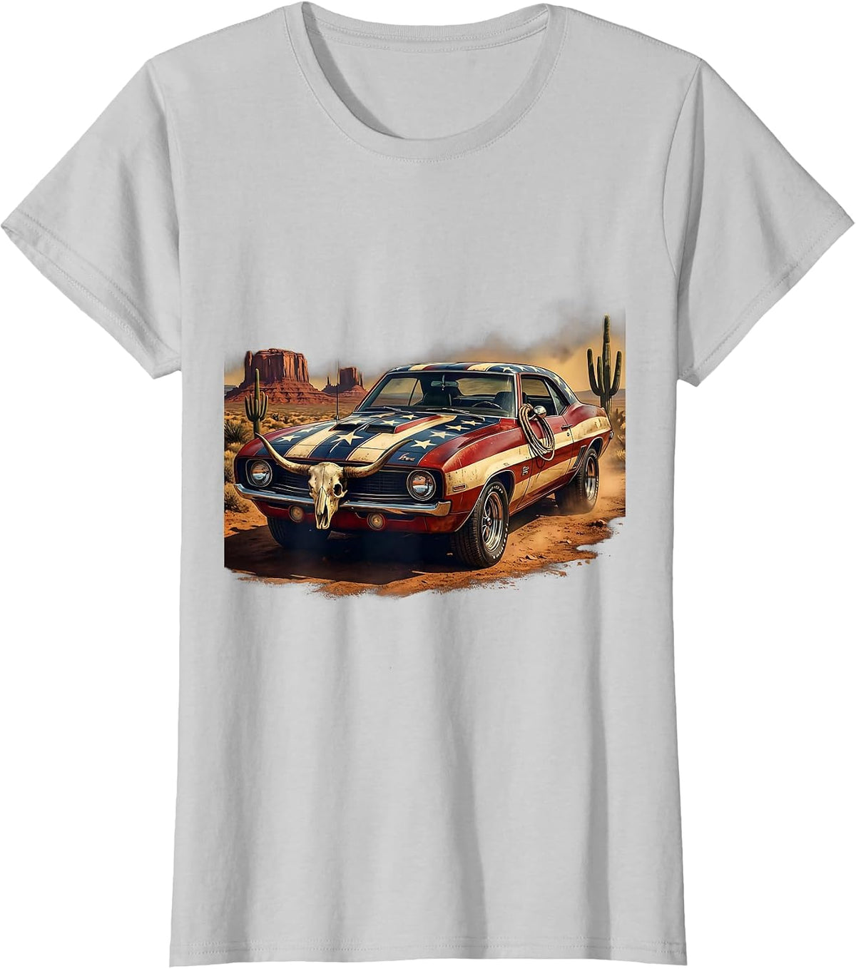 Patriotic Muscle Car Red White and Blue Design T-Shirt - Silver Grey