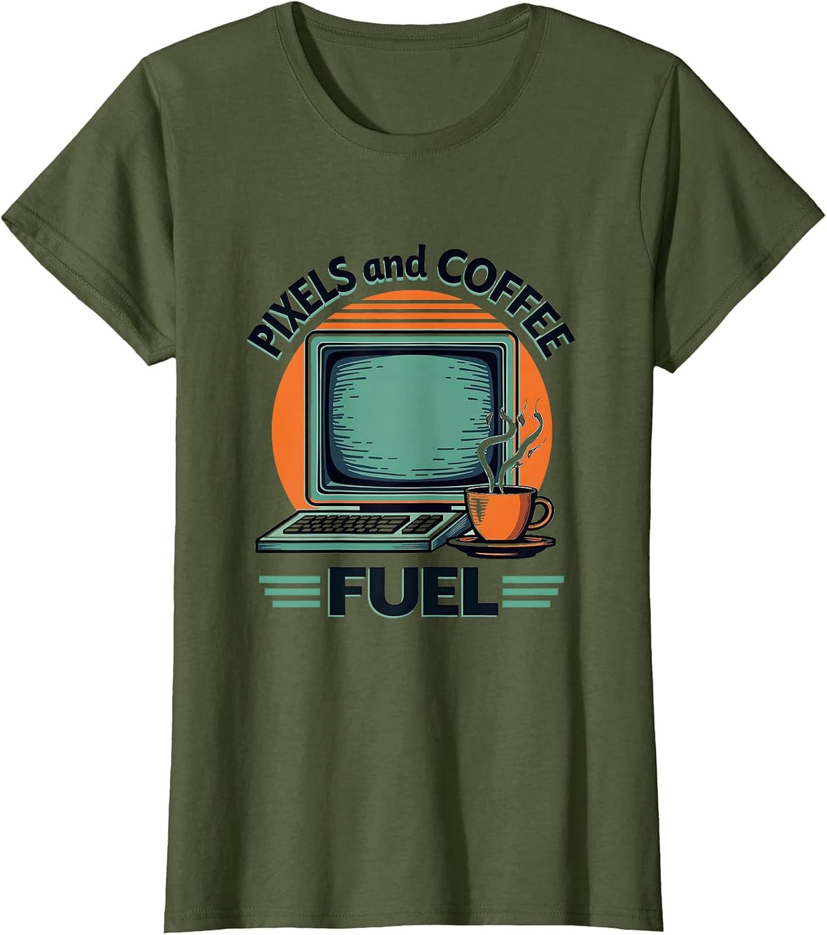 Pixels and Coffee Fuel Graphic Designer Design T-Shirt - Olive Green