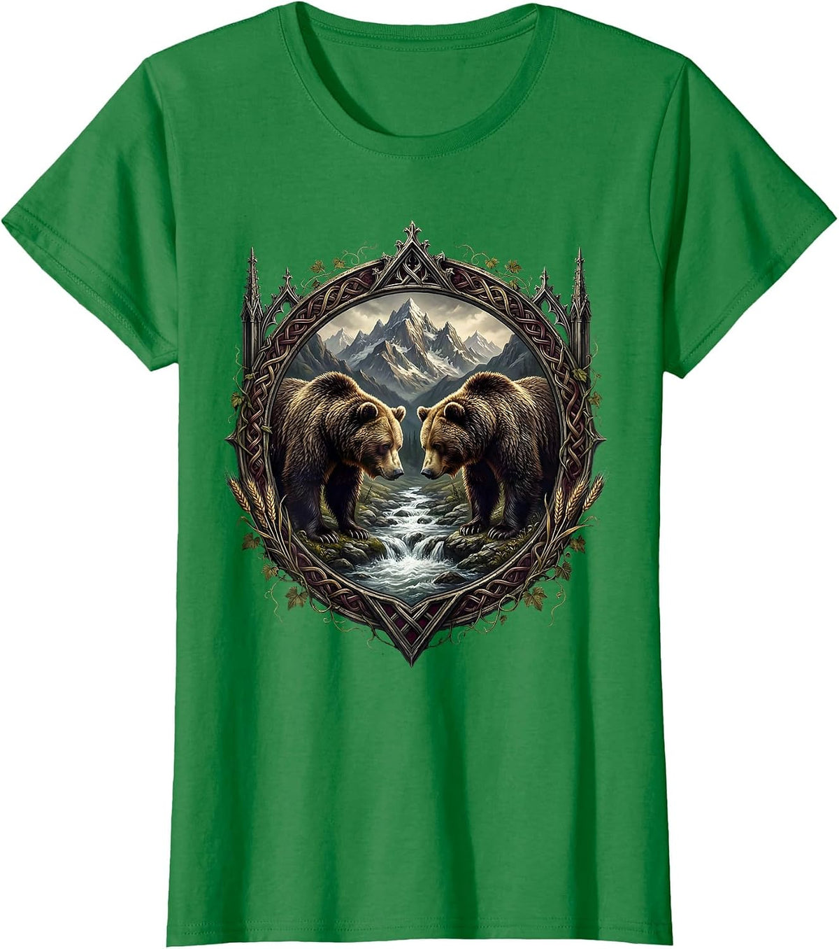 Women's Oktoberfest Bears Mountain Stream Illustration T-Shirt - Kelly Green
