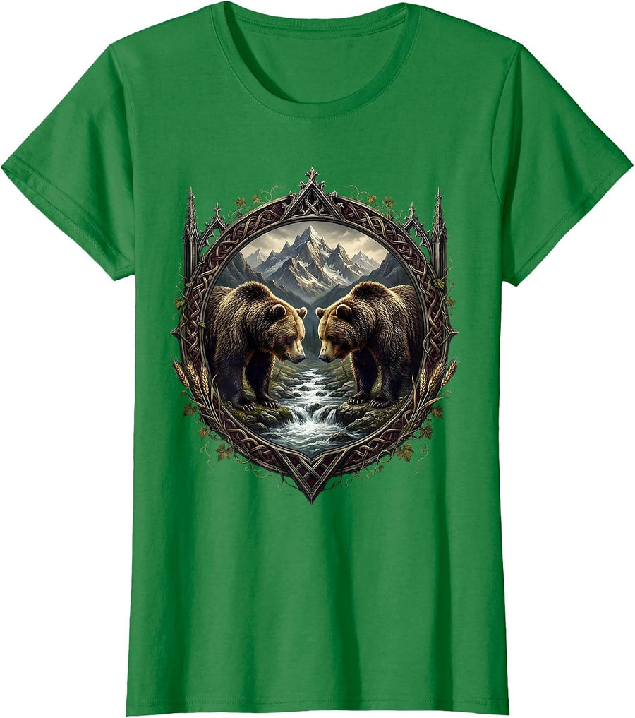 Women's Oktoberfest Bears Mountain Stream Illustration T-Shirt - Kelly Green