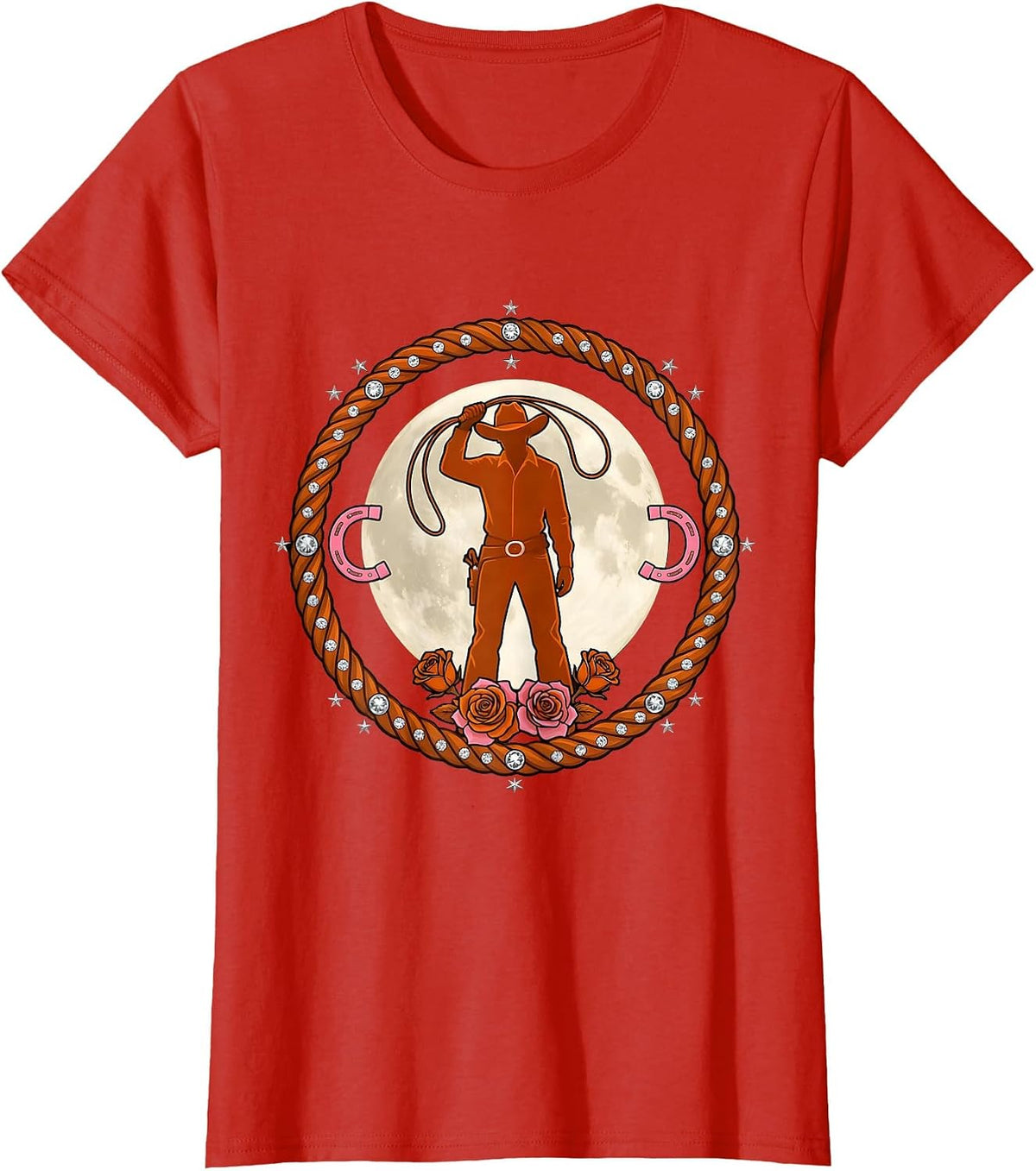 Cowgirl Silhouette Harvest Moon Western Graphic T-Shirt - Red