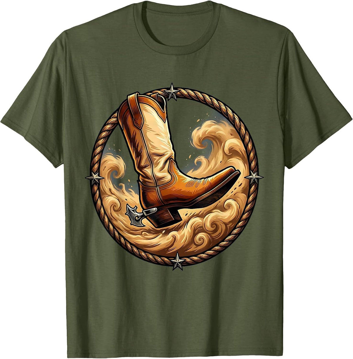 Men's Spurred Boot Kicking Dust Cowboy Western Design T-Shirt - Olive Green