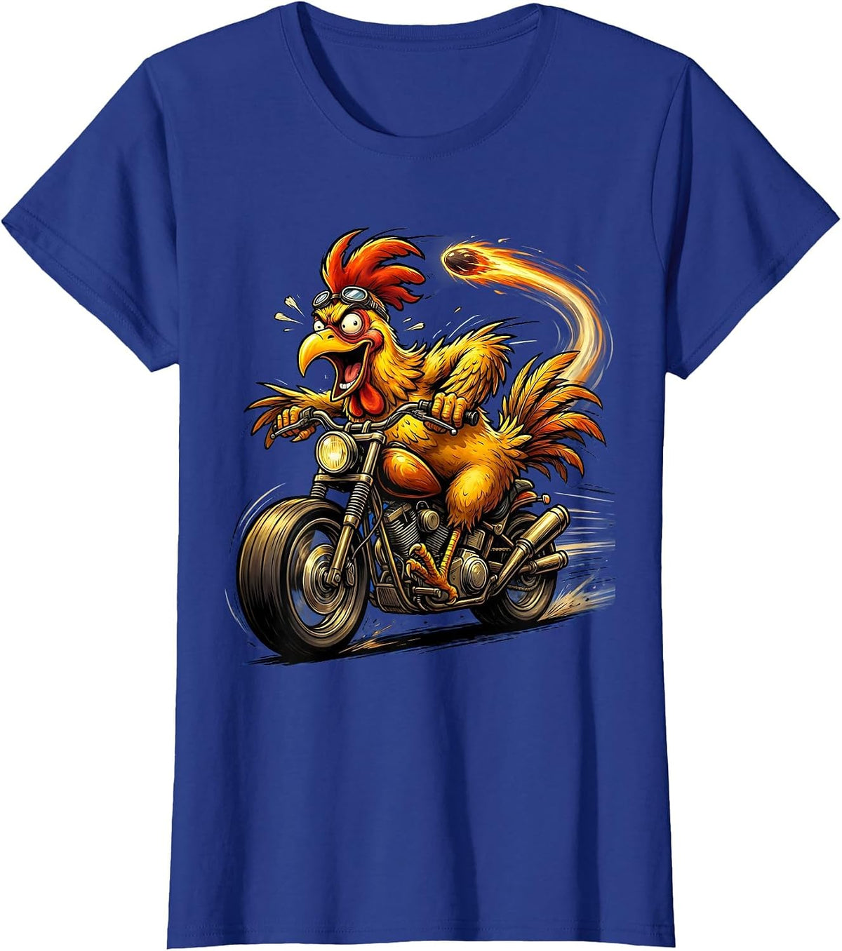 Women's Chicken Riding Motorcycle Full Speed Biker Art T-Shirt - Royal Blue