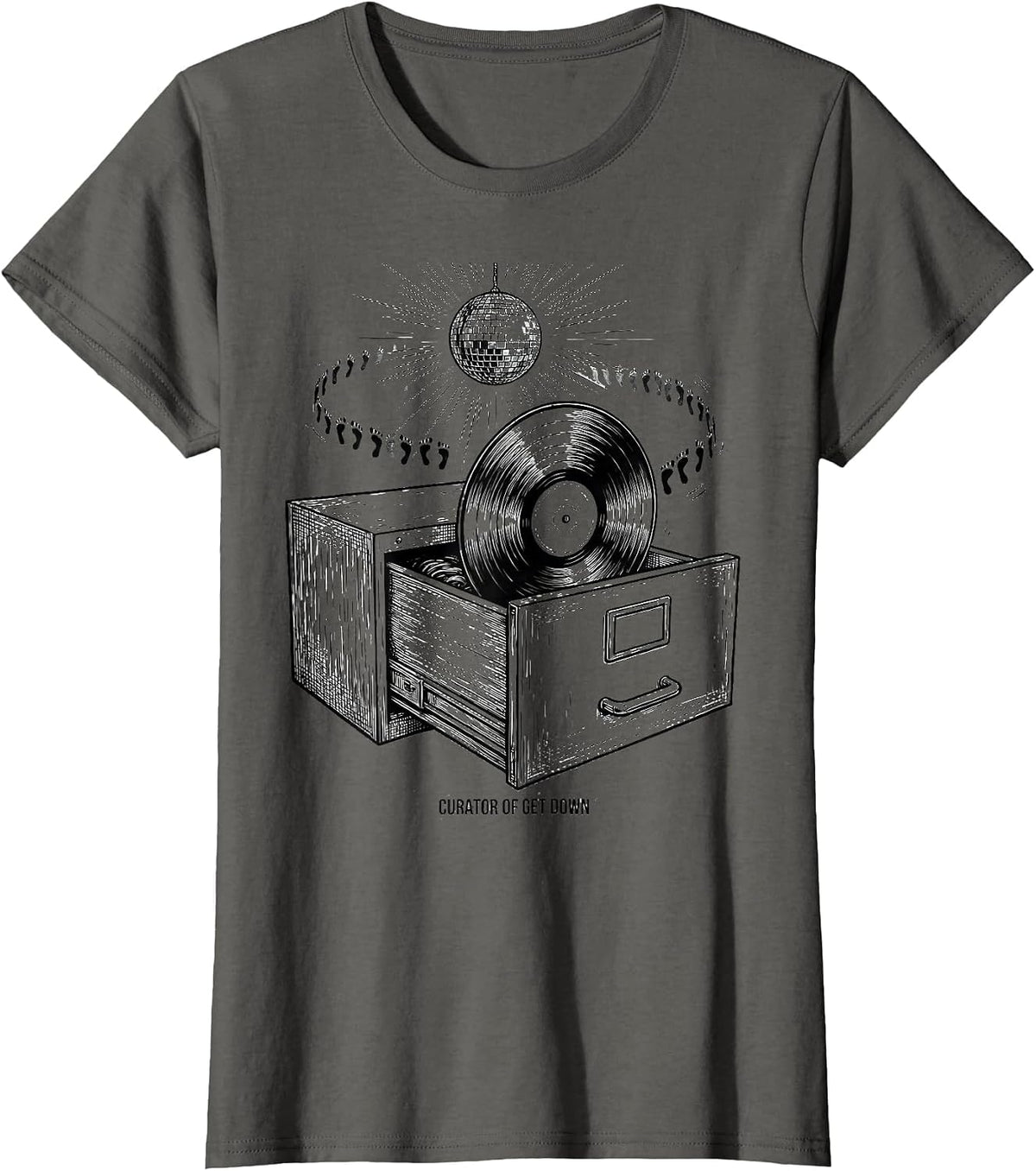 Women's Curator of Get Down Retro 70s Disco Party Humor T-Shirt - Asphalt Grey