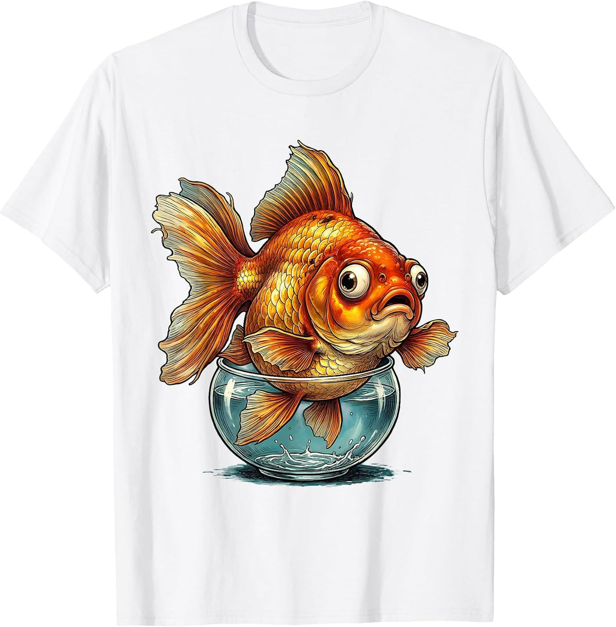 Men's Giant Goldfish Small Fishbowl Big Little Design T-Shirt - White