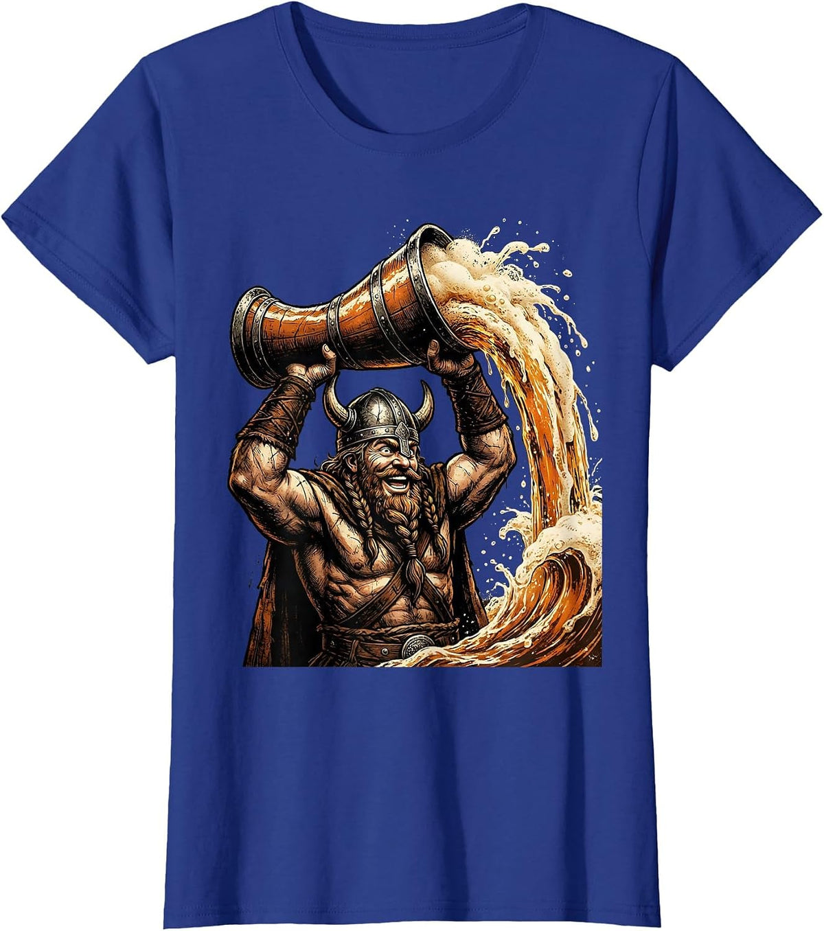 Women's Viking Ale Horn Funny Drinking Graphic Design T-Shirt - Royal Blue