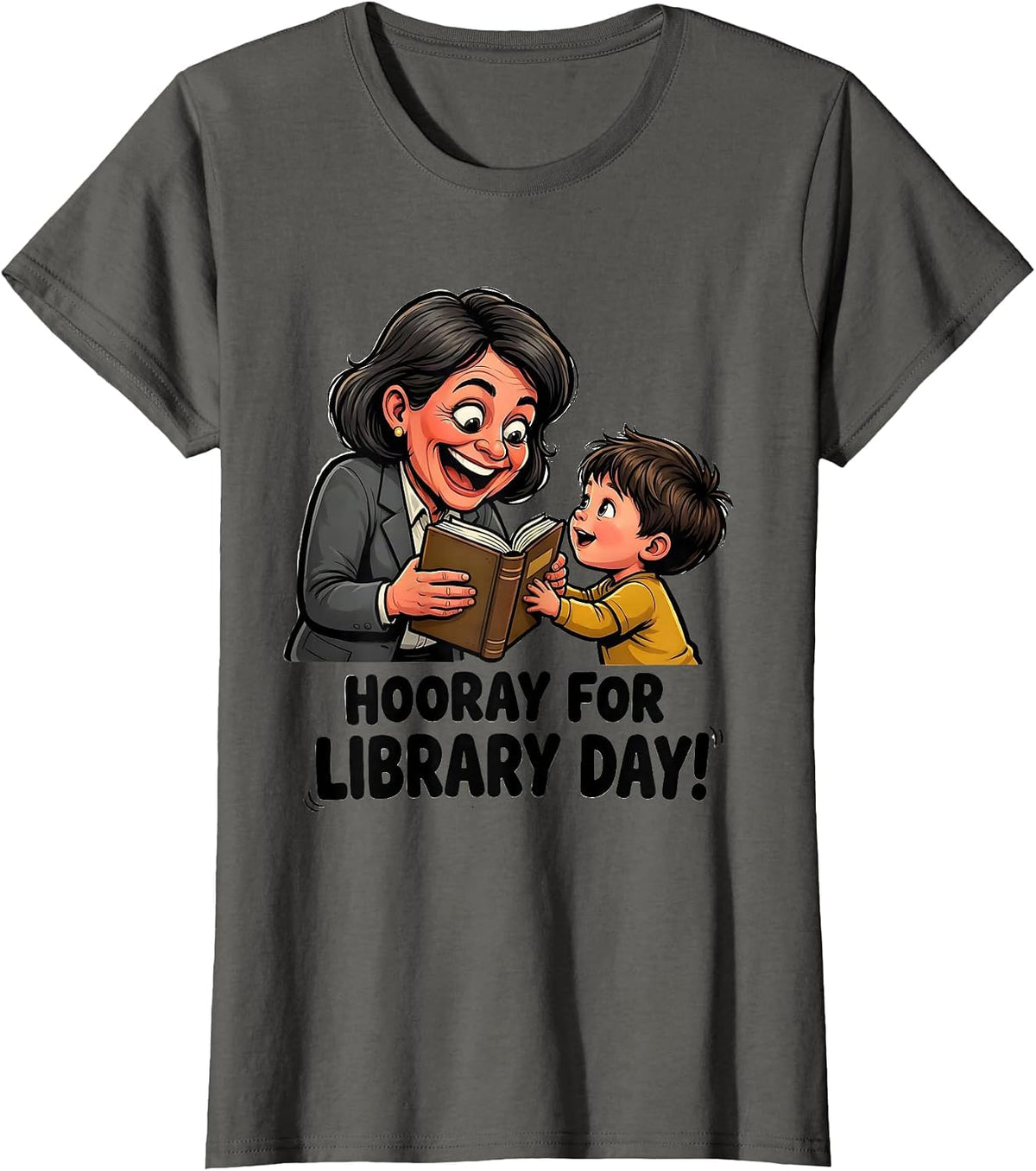 Women's Hooray For Library Day Cartoon Librarian Book Lover School T-Shirt - Asphalt Grey
