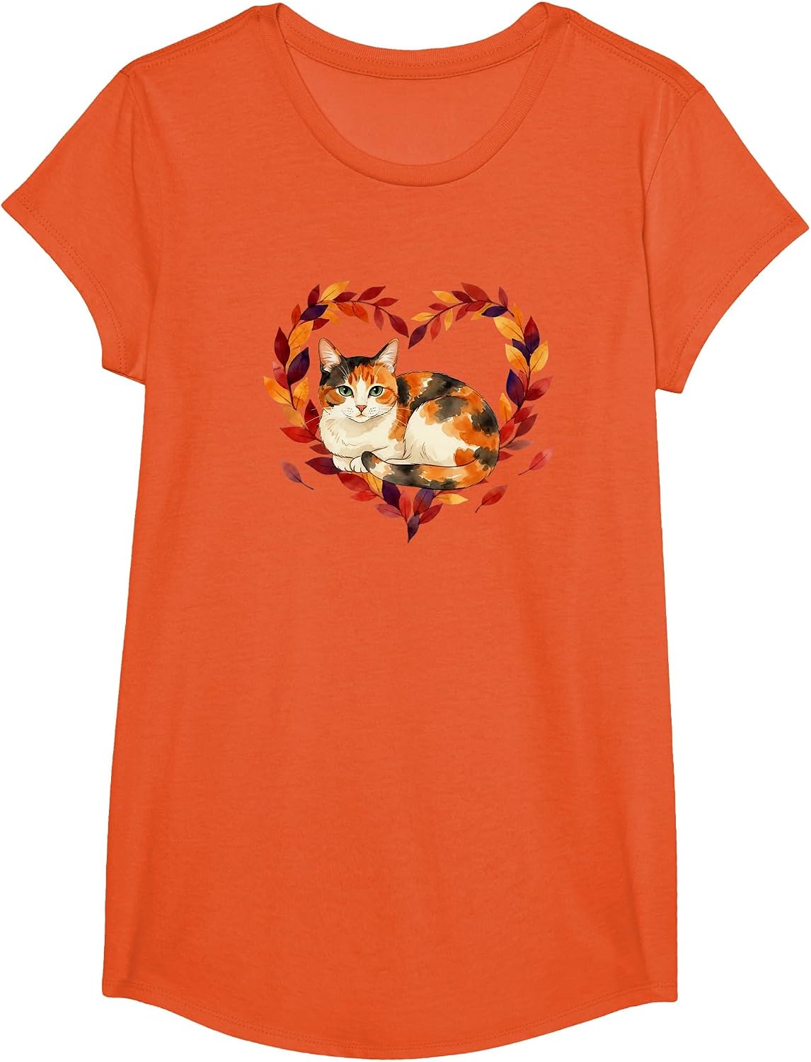 Calico Cat Lover Autumn Fall Leaves Halloween Mom Dad T-Shirt - Girls Orange