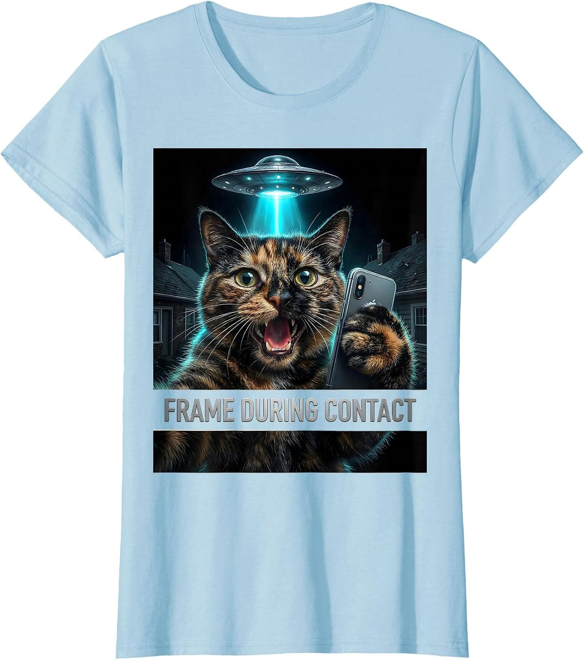 Frame During Contact Hyperreal Cat UFO Selfie Humor T-Shirt - Baby Blue