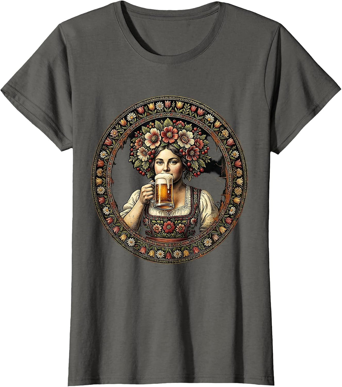 Women's Oktoberfest Floral Crown Beer Sipping Illustration T-Shirt - Asphalt Grey