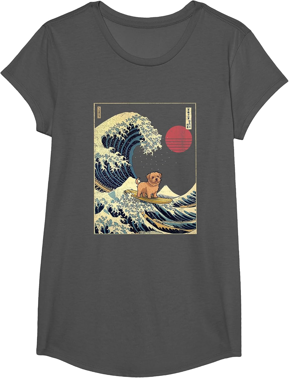 Norfolk Terrier Japanese Kanagawa Wave Funny Surf Dog T-Shirt - Girls Asphalt Grey