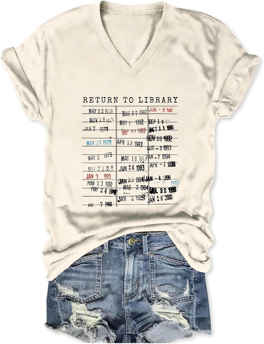 Return to Library Shirt Women Vintage Book Lovers T-Shirt V Neck Graphic Tees Reader Librarian Teacher Tops - Beige