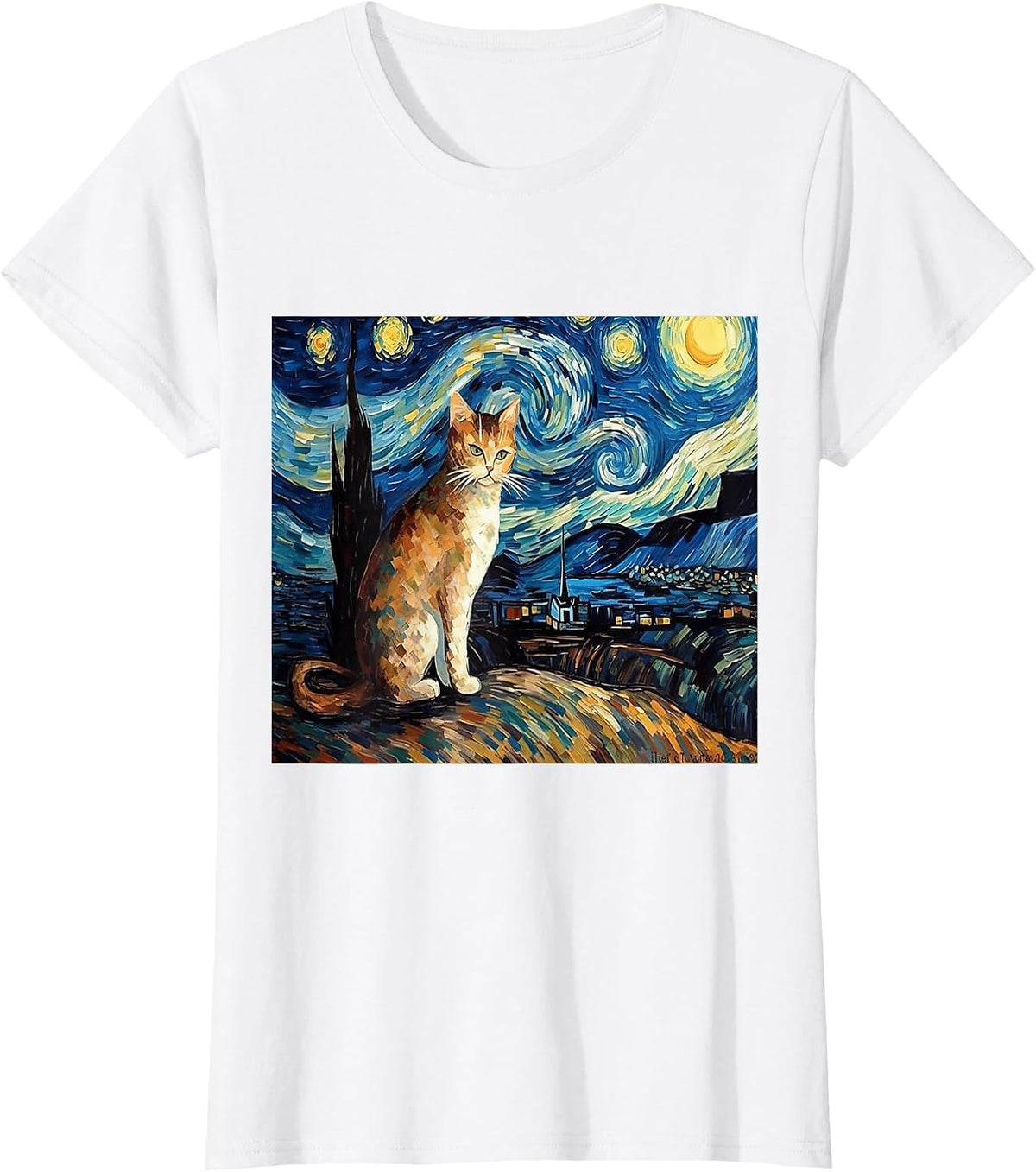 Calico Cat Starry Night Moon and Stars Art T-Shirt - White