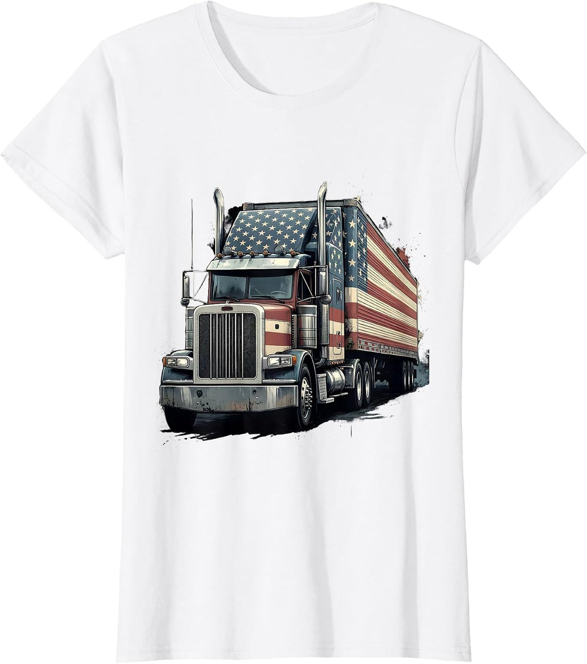 Broadside Semi-Trailer Patriotic American Flag Trucker T-Shirt - White