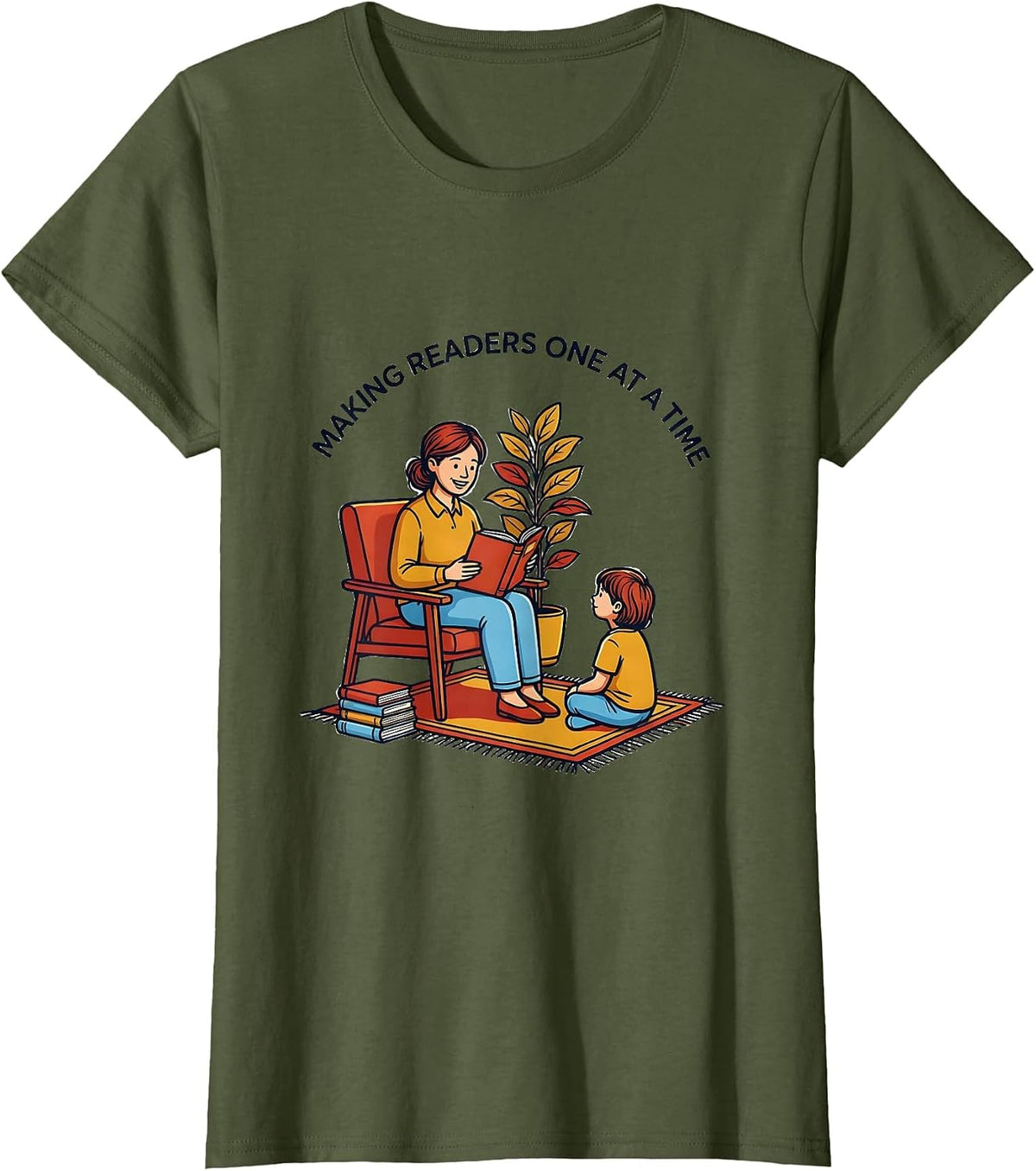 Women's 2nd Grade Teacher Making Readers One at a Time T-Shirt - Olive Green