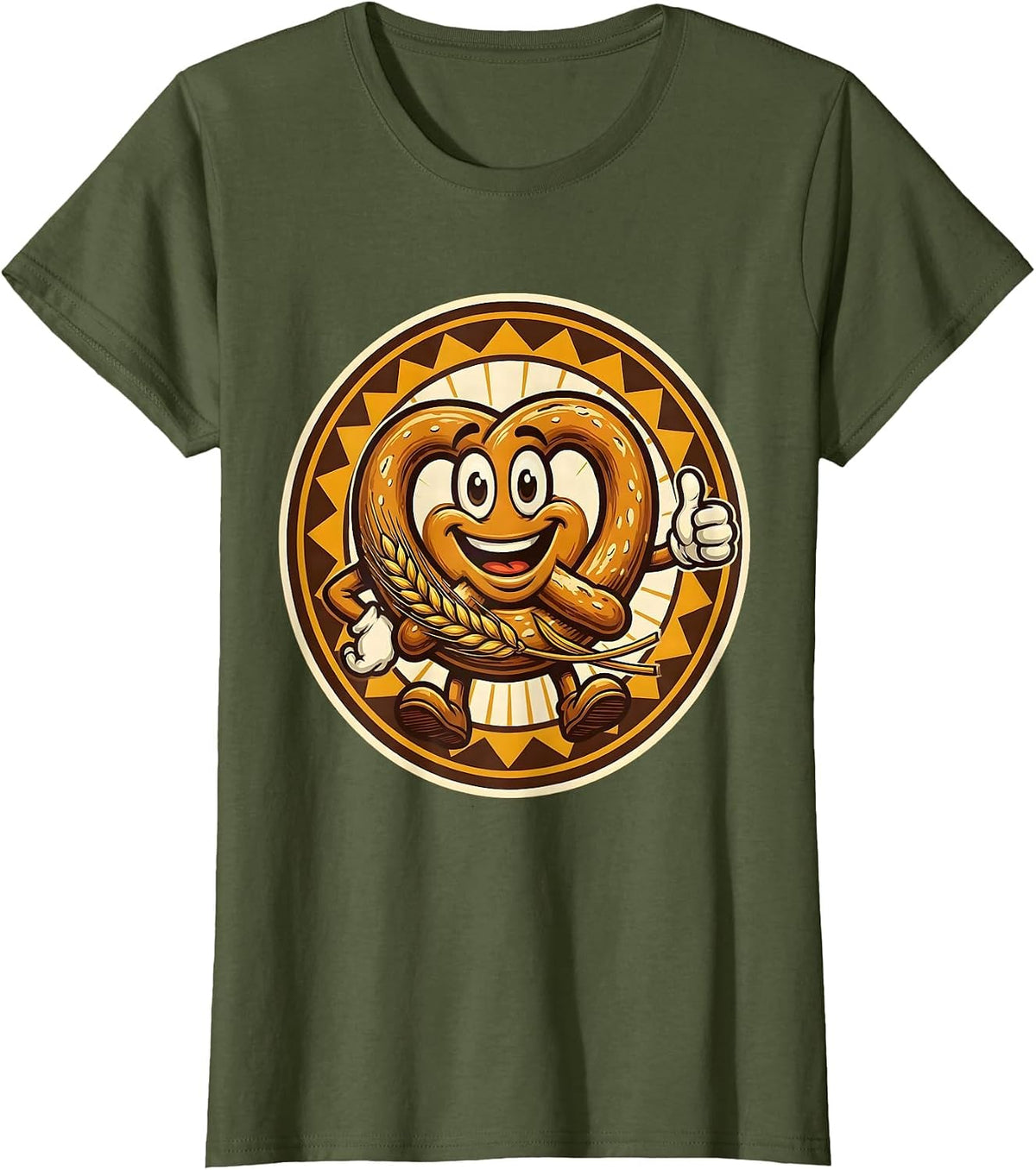 Women's German Pretzel and Wheat Stalk Illustration T-Shirt - Olive Green