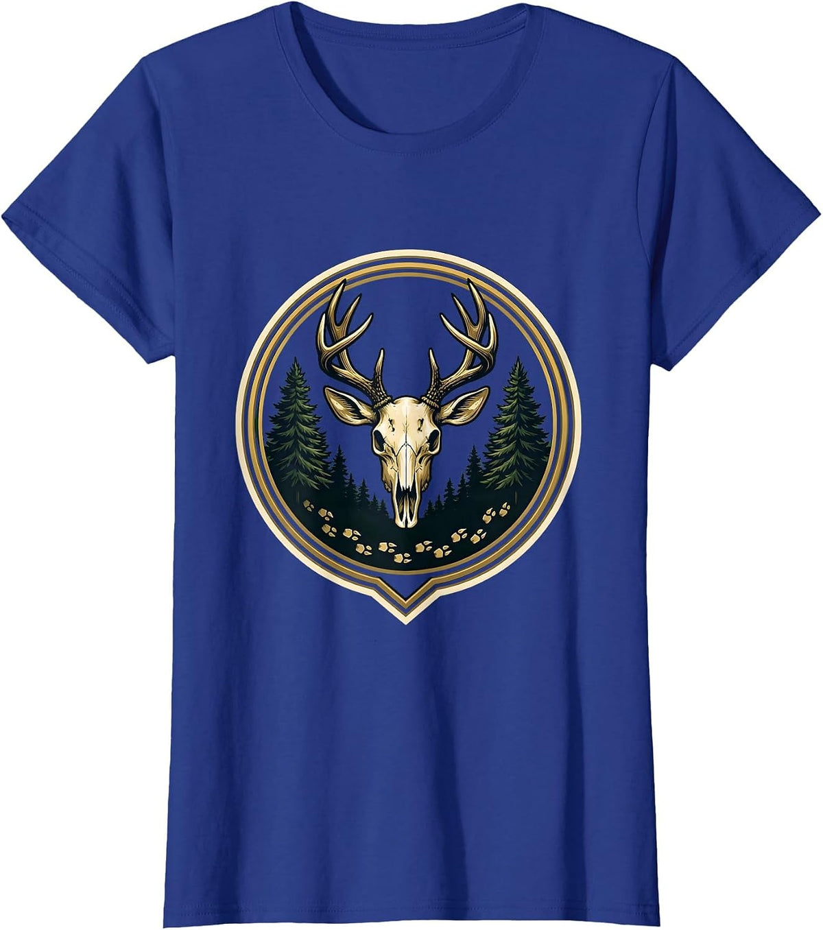 Women's Deer Tracks Into Dark Forest Hunting Design T-Shirt - Royal Blue