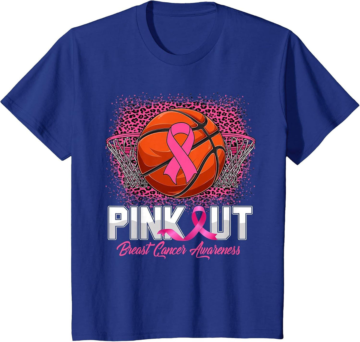 Pink Out Breast Cancer Awareness Basketball Leopard Bleached T-Shirt - Royal Blue