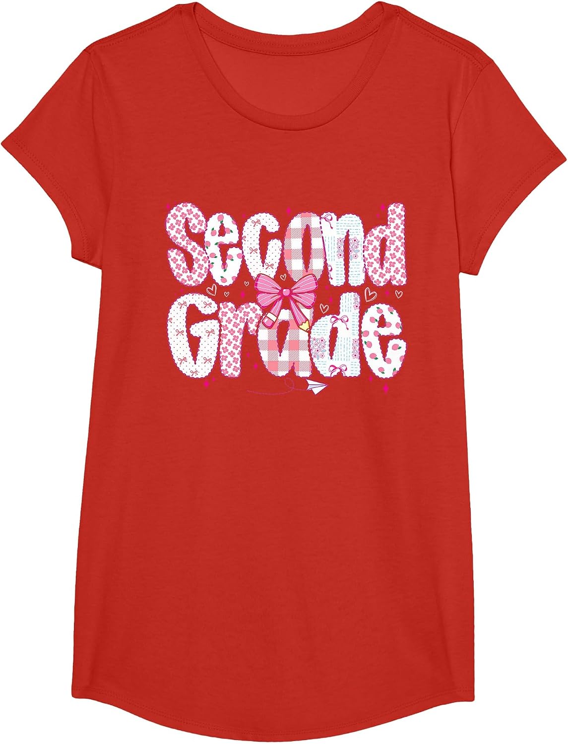 Preppy Second Grade Teacher Team Bow Back to School Girls T-Shirt - Girls Red