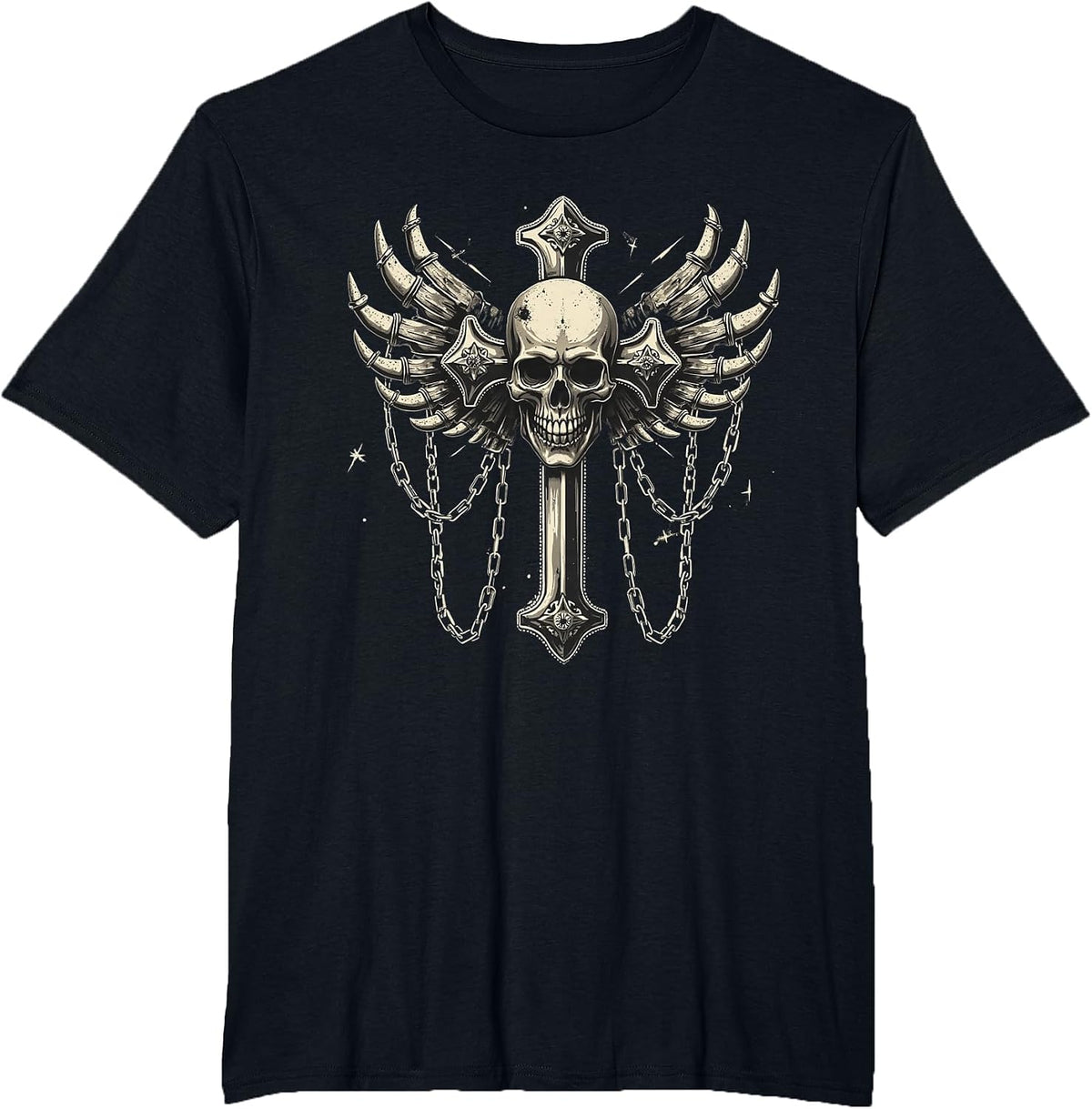 Skull with Silver Cross | Chains | Goth | Emo | y2k | Grunge T-Shirt - Black