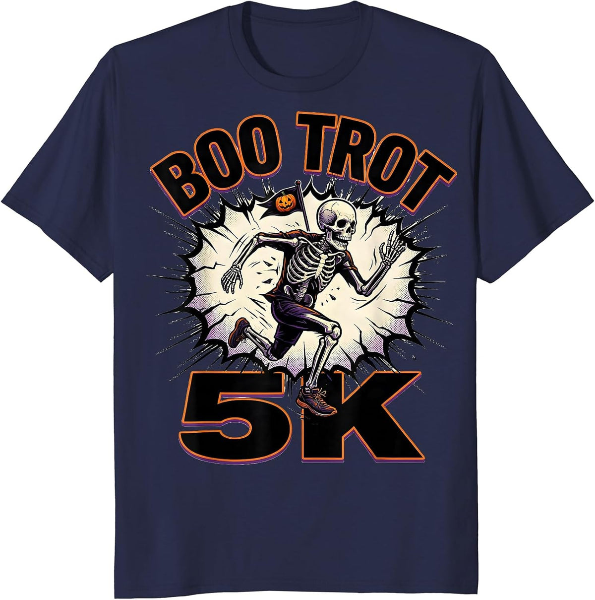 Men's Boo Trot 5K Comic Book Skeleton Runner Halloween Fun Run T-Shirt - Navy Blue