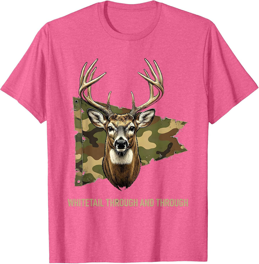 Whitetail Through And Through Distressed Camo Deer Hunter T-Shirt - Pink Heather