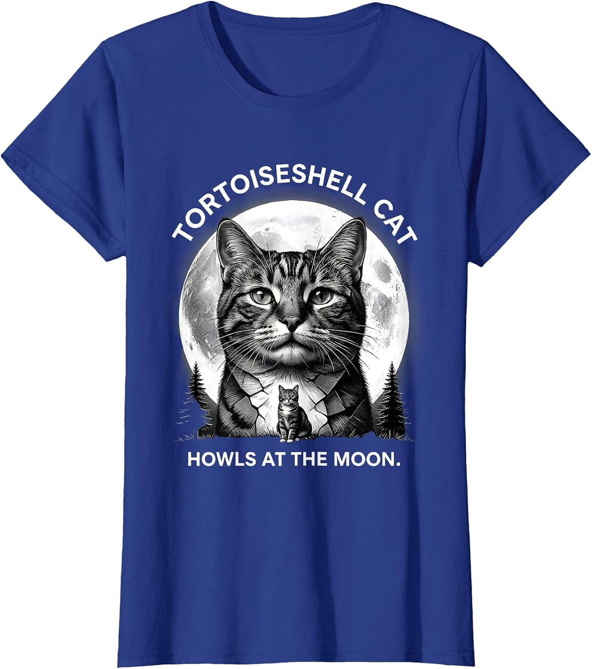 Women's Tortoiseshell Cat Howls at the Moon 90s Retro Novelty T-Shirt - Royal Blue