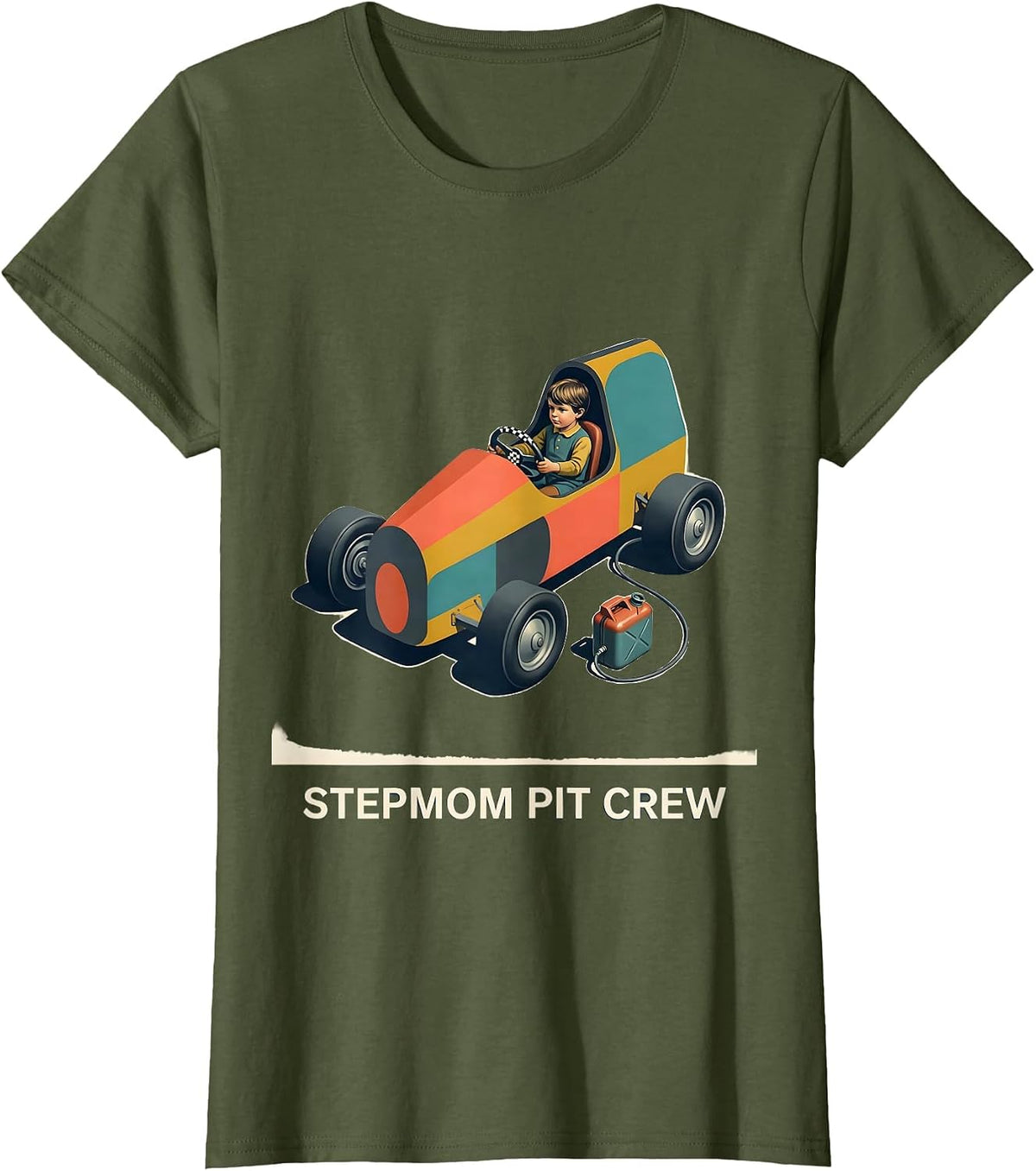Women's Stepmom Pit Crew Midcentury Modern Race Car Birthday Party T-Shirt - Olive Green