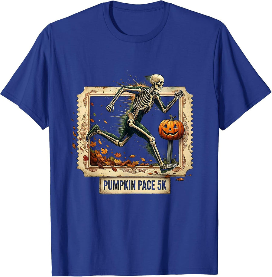 Pumpkin Pace 5K Vintage Skeleton Runner Halloween Fun Run T-Shirt - Royal Blue
