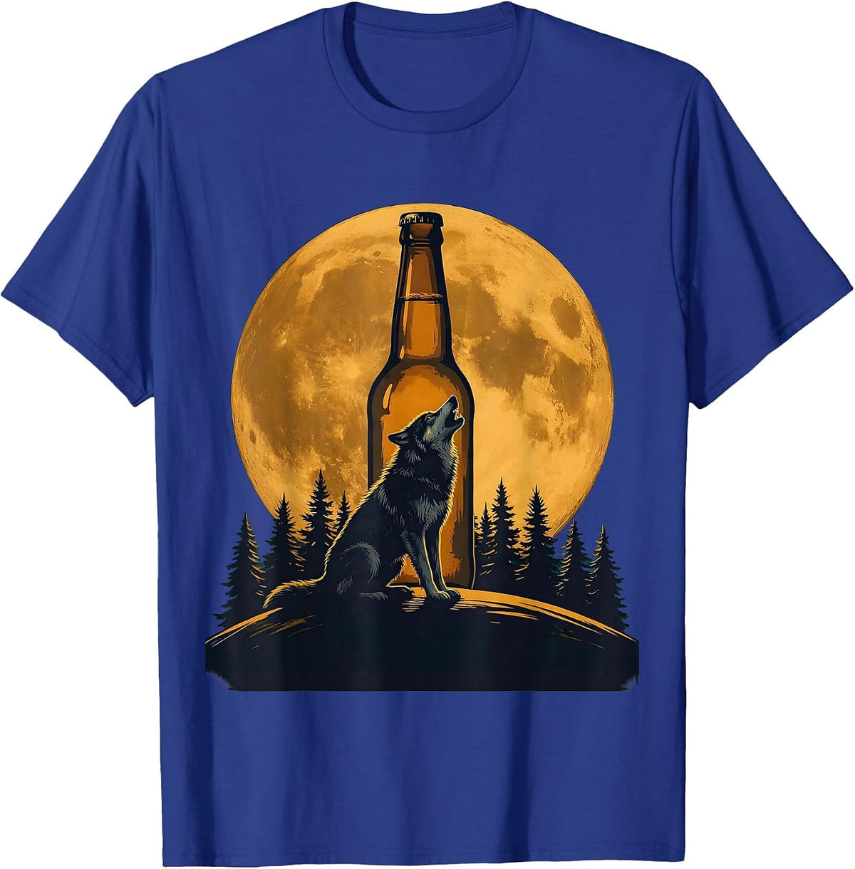 Men's Wolf Howling at Beer Bottle Moon Graphic T-Shirt - Royal Blue