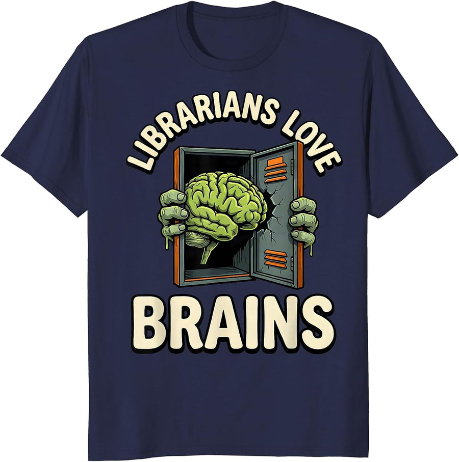 Librarians Love Brains Horror Zombie Teacher Halloween T-Shirt - Navy Blue