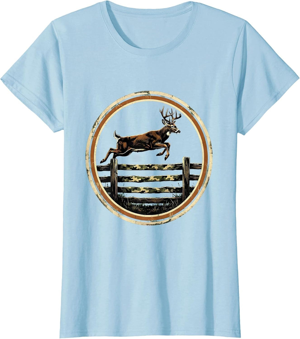 Buck Leaping Over Camo Fence Hunting Design T-Shirt - Baby Blue