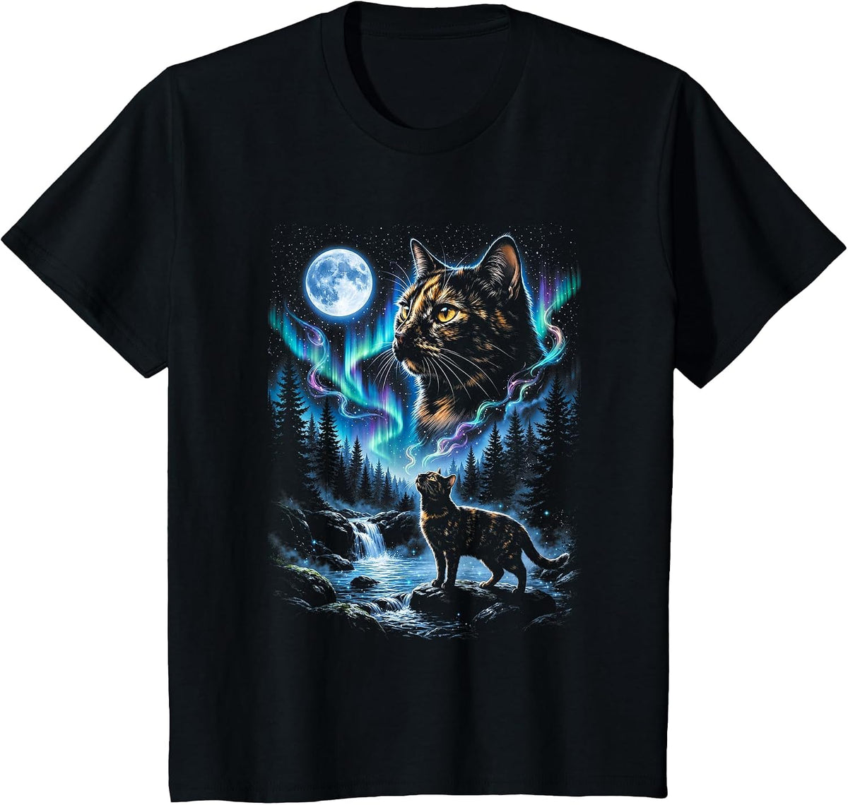 Tortoiseshell Cat Howling At Moon 90s Retro Cat Lover T-Shirt - Black