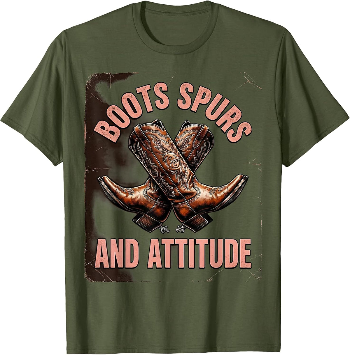 Boots Spurs and Attitude Cowboy Design T-Shirt - Olive Green